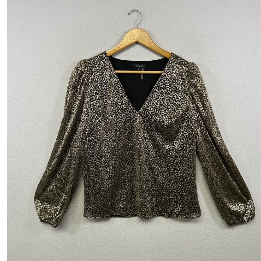 1.STATE Metallic Floral Holiday Party Women Medium Gold V-Neck Blouse